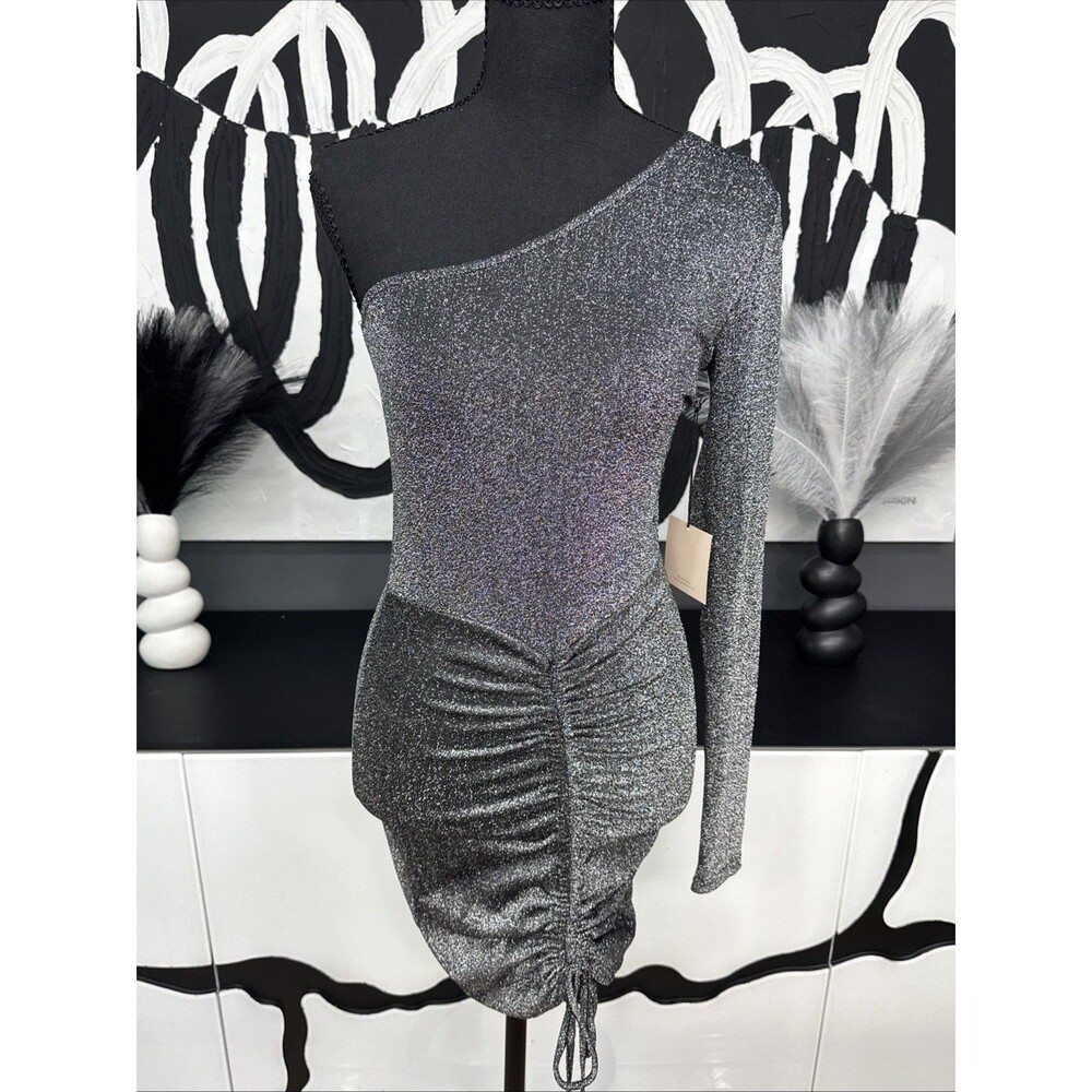 Superdown Silver Metallic One Shoulder Ruched Party Cocktail Mini Dress Womens S